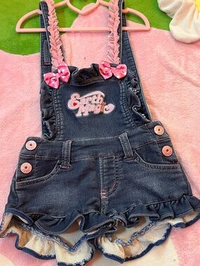 Dark Denim Ruffle Overalls with Pink Accents